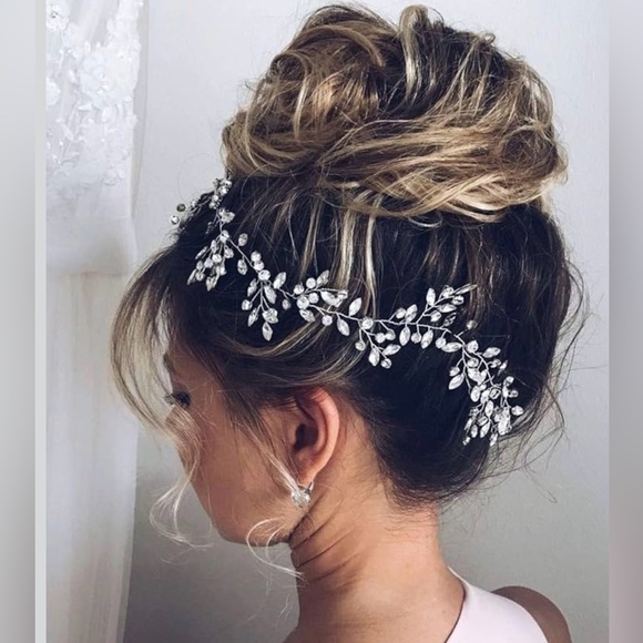 Bridal Rhinestone Hair Vine Crystal Wedding Headpiece Silver 17.7” - Picture 2 of 3